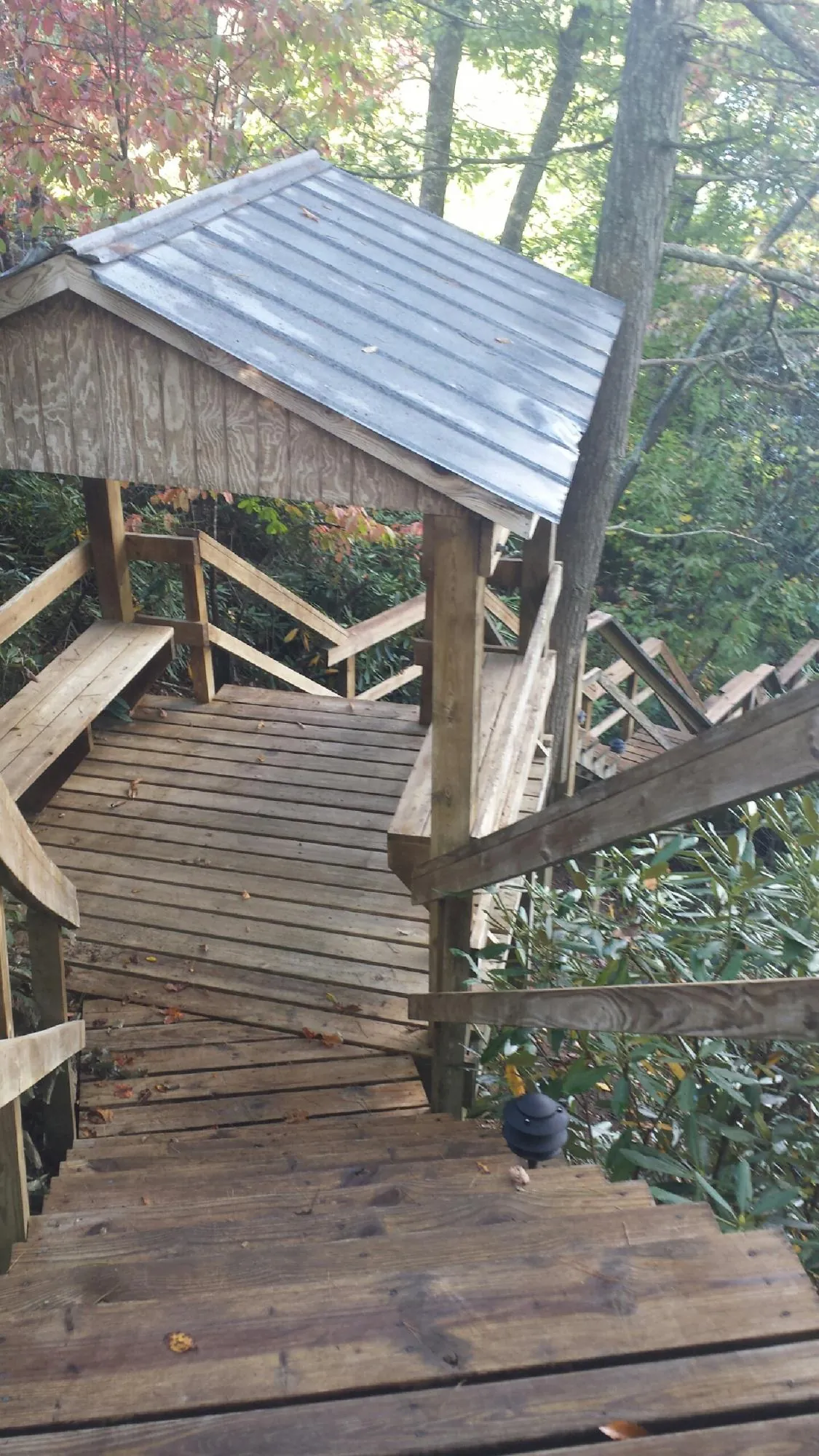 Metal roofed shelter over wooden steps on a wooded walkway — Skylight Repair & Installation work by our crew in Midland